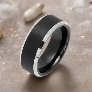 ASTON | Black Tungsten Ring, Black Brushed, Silver Beveled Edges - Rings - Aydins Jewelry - 2