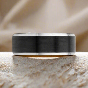 ASTON | Black Tungsten Ring, Black Brushed, Silver Beveled Edges - Rings - Aydins Jewelry - 3