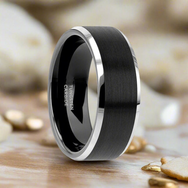 ASTON | Black Tungsten Ring, Black Brushed, Silver Beveled Edges - Rings - Aydins Jewelry - 1