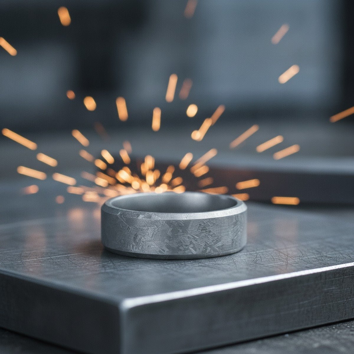 Aydins ASTRAIOS | Titanium Ring, Meteorite Pattern, Beveled lifestyle scene, metalworker steel