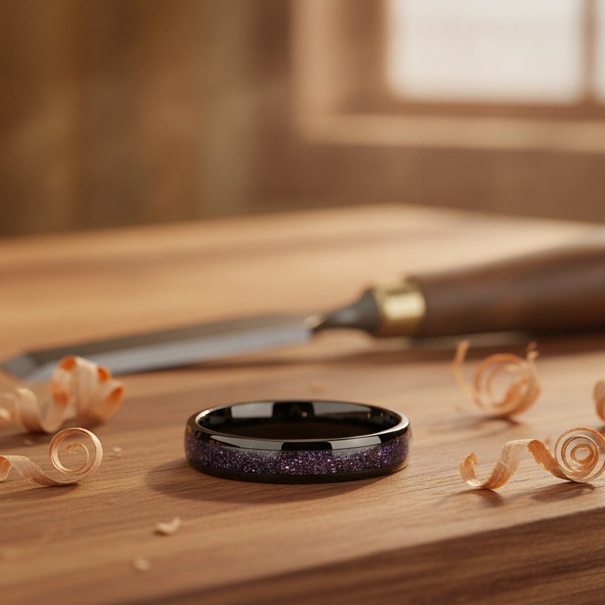 Aydins ASTRUM | Black Tungsten Ring, Purple Goldstone Inlay, Domed lifestyle scene, carpenter bench