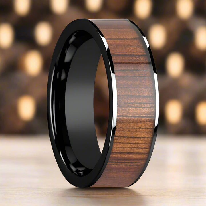 ATREUS | Black Ceramic Ring, Koa Wood Inlay, Flat - Rings - Aydins Jewelry - 1