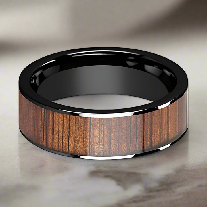 ATREUS | Black Ceramic Ring, Koa Wood Inlay, Flat - Rings - Aydins Jewelry - 2