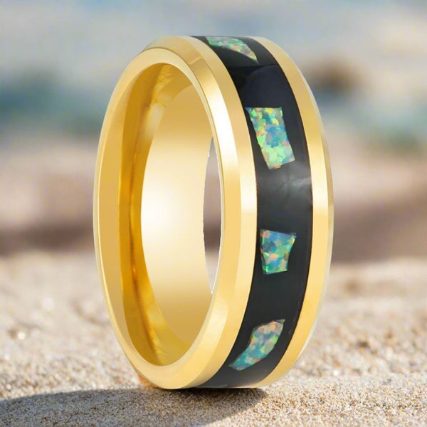 AURAFLECT | Yellow Tungsten Ring, Abalone Fragments Inlay - Rings - Aydins Jewelry - 3