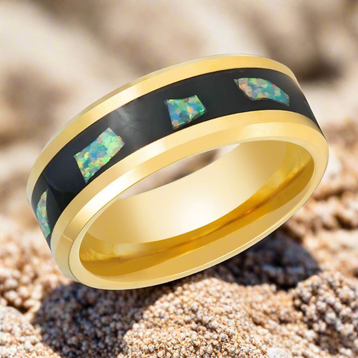 AURAFLECT | Yellow Tungsten Ring, Abalone Fragments Inlay - Rings - Aydins Jewelry - 4