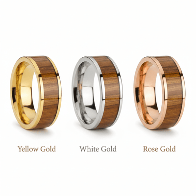 Koa Wood inlay 14k yellow gold wedding band 8mm, top view
