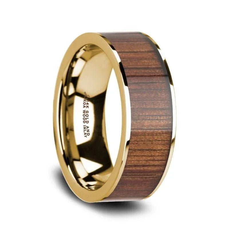Koa Wood inlay 14k yellow gold wedding band 8mm, side profile