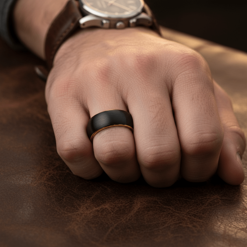 AURELIUS — Lifestyle photo on hand — men's tungsten wedding ring.