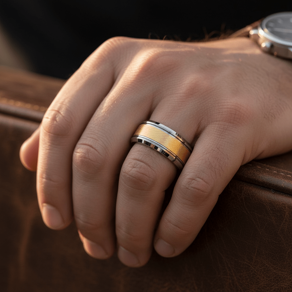 AUREON — Lifestyle photo on hand — men's tungsten wedding ring.