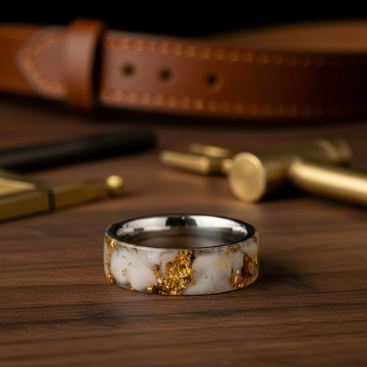 Aydins AURIC | Gold Tungsten Ring lifestyle scene, dark walnut workshop