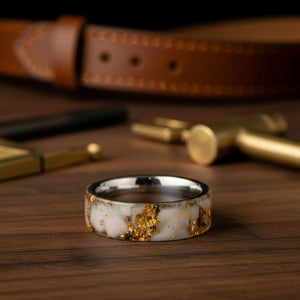 Aydins AURIC | Gold Tungsten Ring lifestyle scene, dark walnut workshop