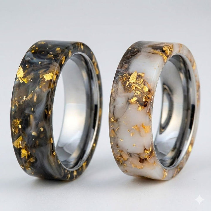 Side view of the two variations of the AURIC Tungsten Ring with unique resin inlay and polished finish.