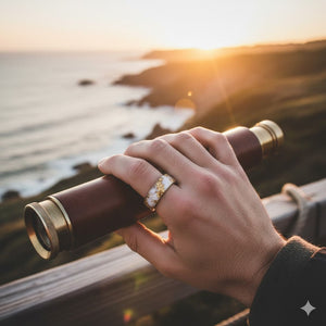 Close-up of AURIC 8mm Tungsten Ring showcasing the intricate gold foil resin design on the finger.