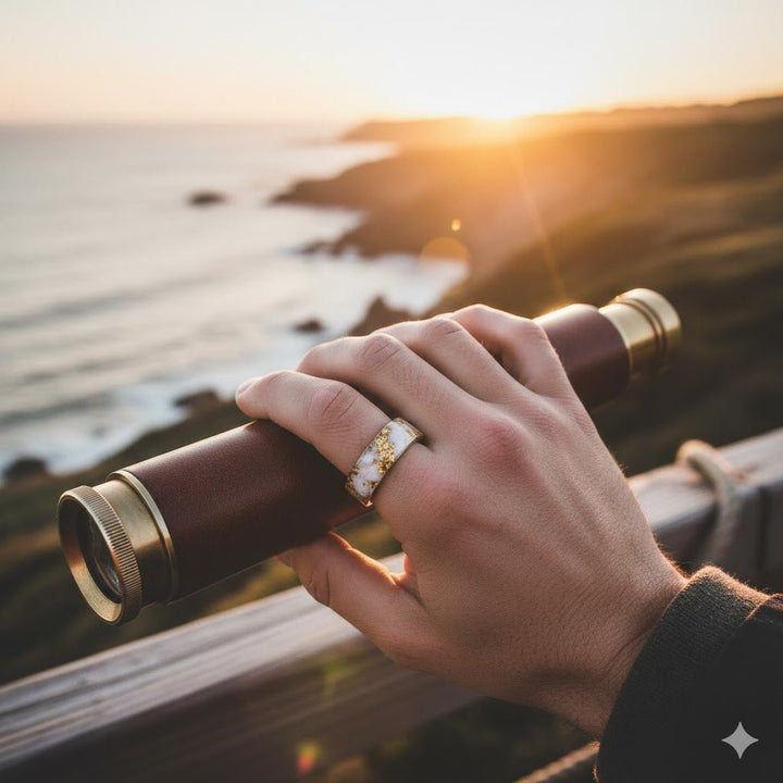 Close-up of AURIC 8mm Tungsten Ring showcasing the intricate gold foil resin design on the finger.