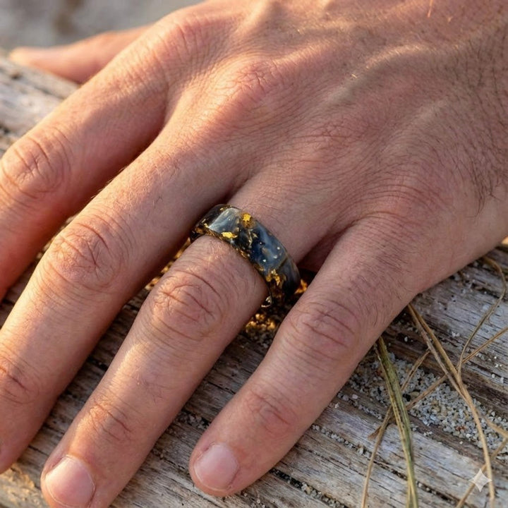 AURIC Tungsten Ring - Modern wedding band with resin inlay by Aydins Jewelry on a ring finger.