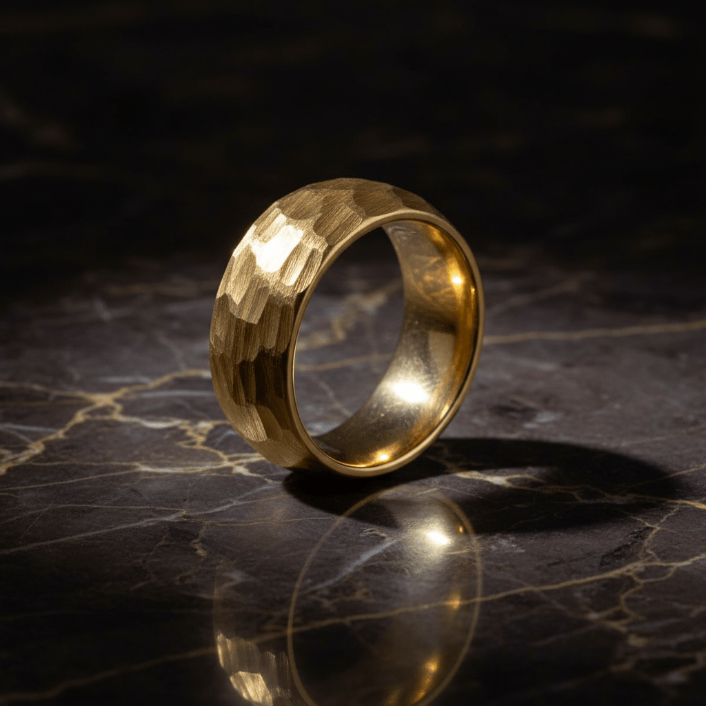 AURIGA — Luxury 3/4 angle on dark marble — men's tungsten wedding ring.