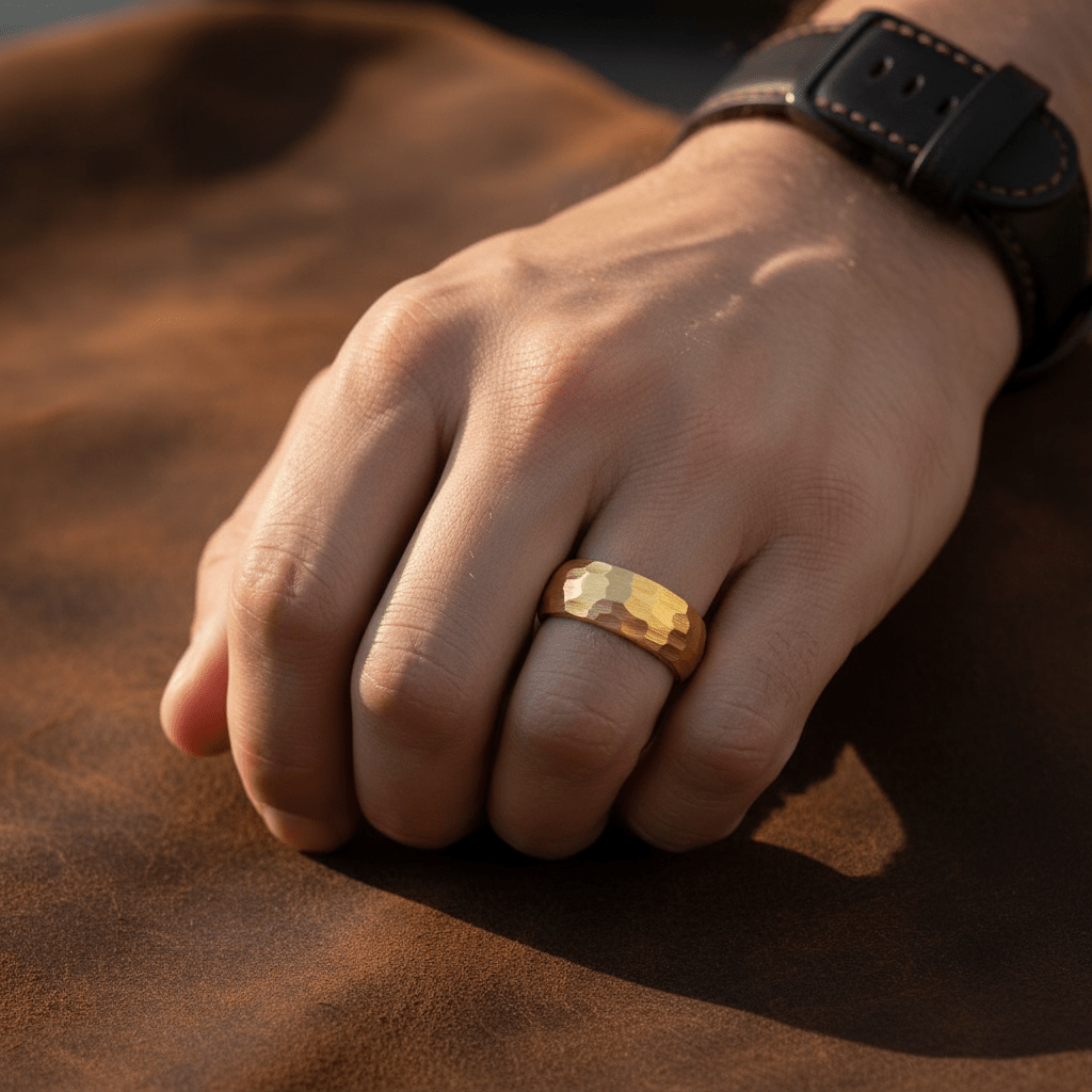 AURIGA — Lifestyle photo on hand — men's tungsten wedding ring.