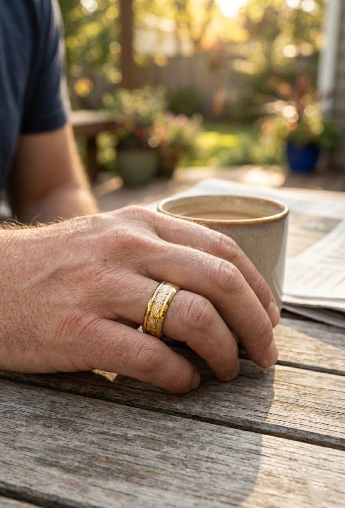 Mans ring finger with a coffee cup Close-up of gold foil inlay on the AURION tungsten wedding band.