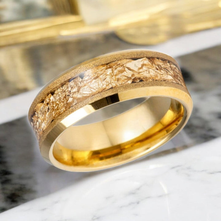 Close-up of gold foil inlay on the AURION tungsten wedding band.