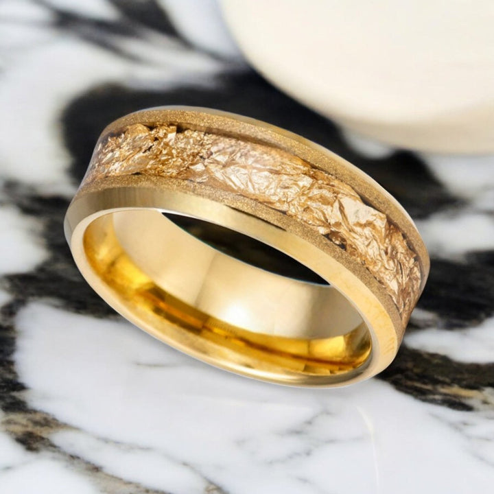 Elegant AURION tungsten wedding band with gold foil inlay - Aydins Jewelry.