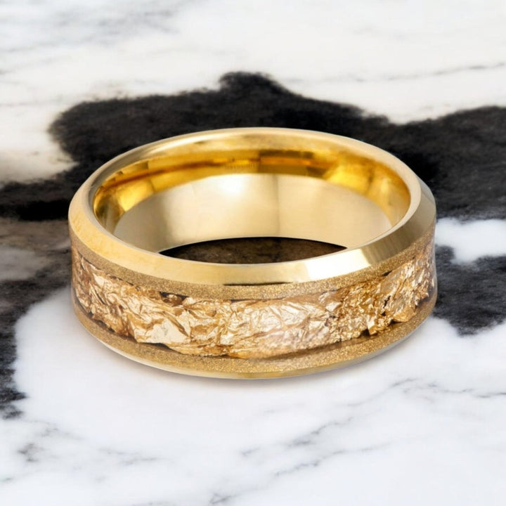 8mm gold tungsten ring with polished beveled edges and luxurious foil detail.