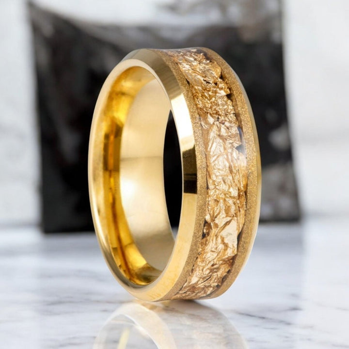 AURION gold tungsten ring with gold foil inlay and beveled edges - Aydins Jewelry.