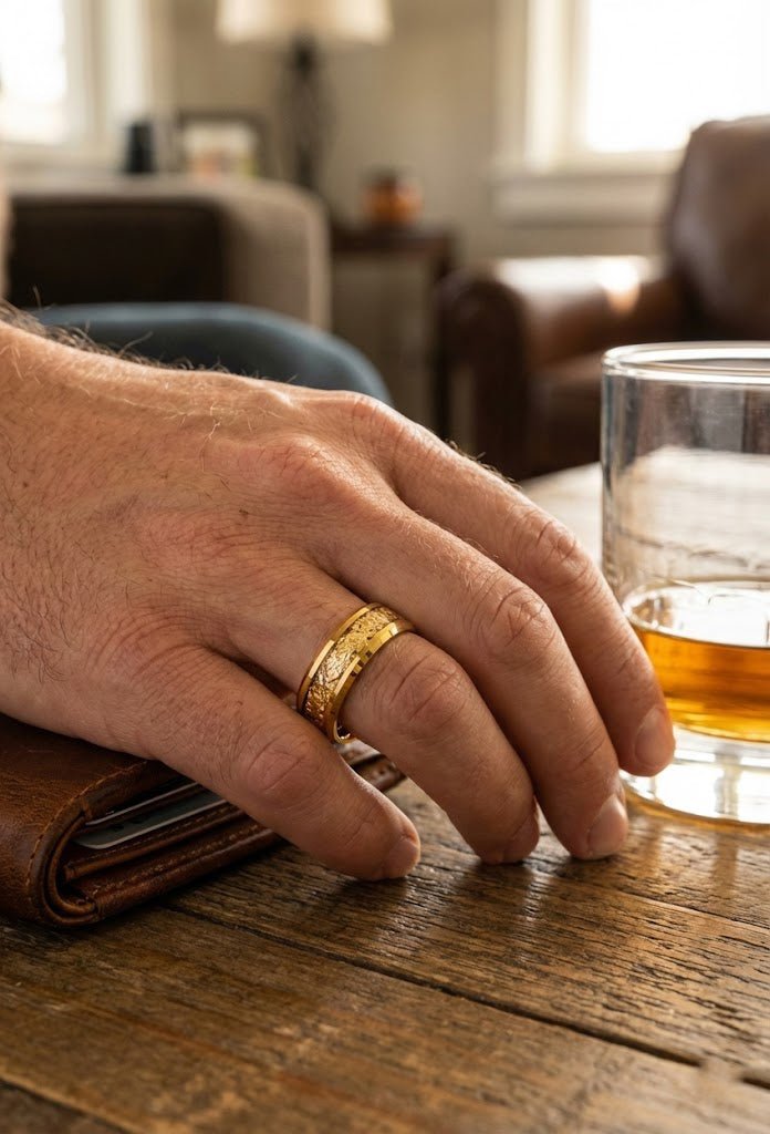 On a man's ring finger, a Close-up of gold foil inlay on the AURION tungsten wedding band.