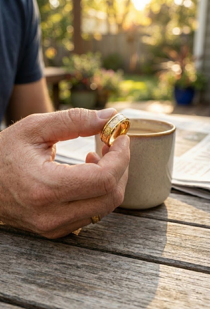 Holding a ring between Close-up of gold foil inlay on the AURION tungsten wedding band.