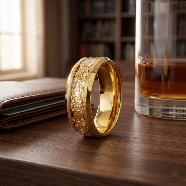 Close-up of gold foil inlay on the AURION tungsten wedding band.