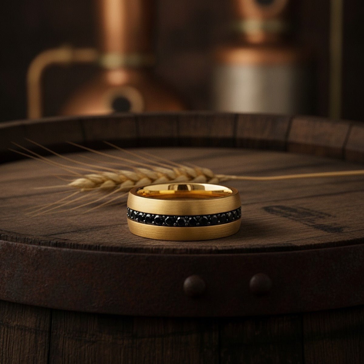 Aydins AURYN | Gold Tungsten Ring with Black Sapphires lifestyle scene, whiskey barrel top