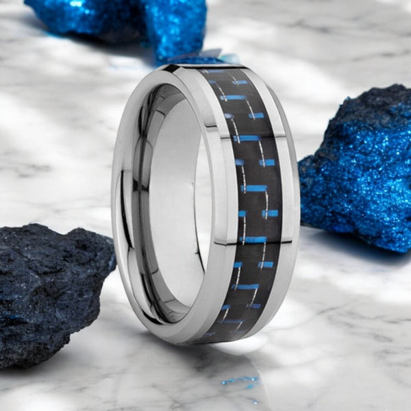 AUXILIUS Silver Tungsten Ring with Blue Carbon Fiber Inlay by Aydins Jewelry.