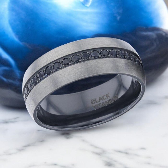 AVIATOR silver titanium wedding band featuring a sleek domed profile and black sapphires - Aydins Jewelry.