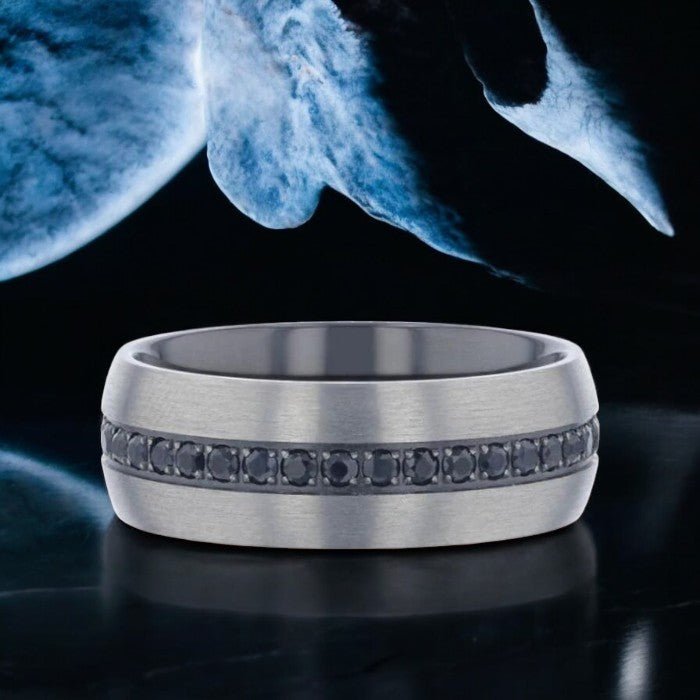 Modern silver titanium wedding band with radiant black sapphires and durable domed design - Aydins Jewelry.