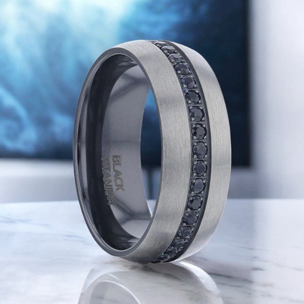 Silver titanium ring with black sapphire inlay, domed design, and 8mm width - Aydins Jewelry.