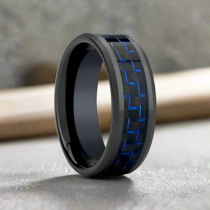 AVITUS Black Ceramic Ring with Blue & Black Carbon Fiber Inlay by Aydins Jewelry.