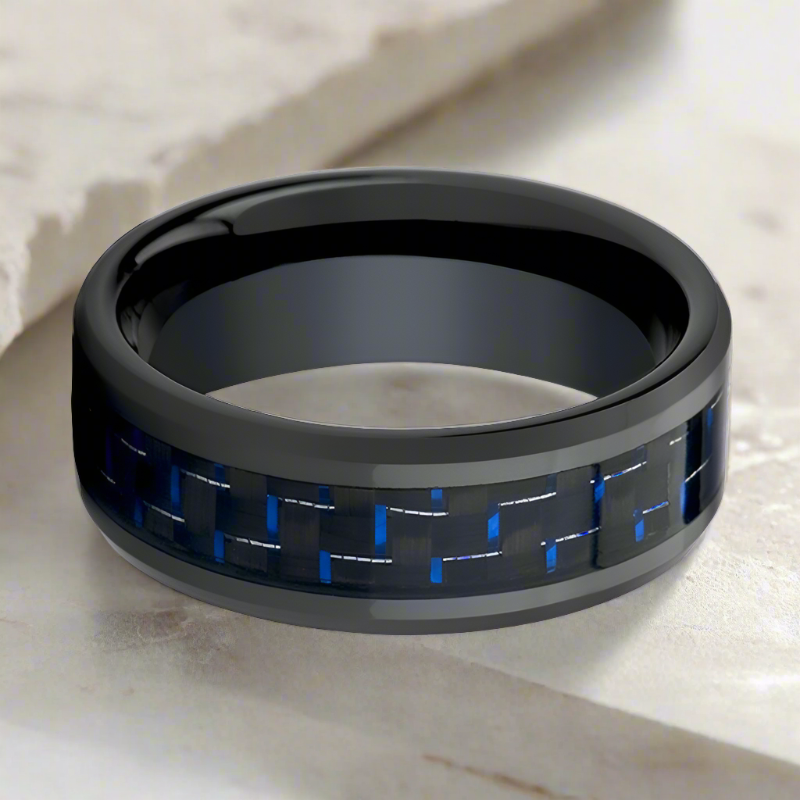 Beveled Black Ceramic Ring with Blue Carbon Fiber Inlay - Comfort Fit design.