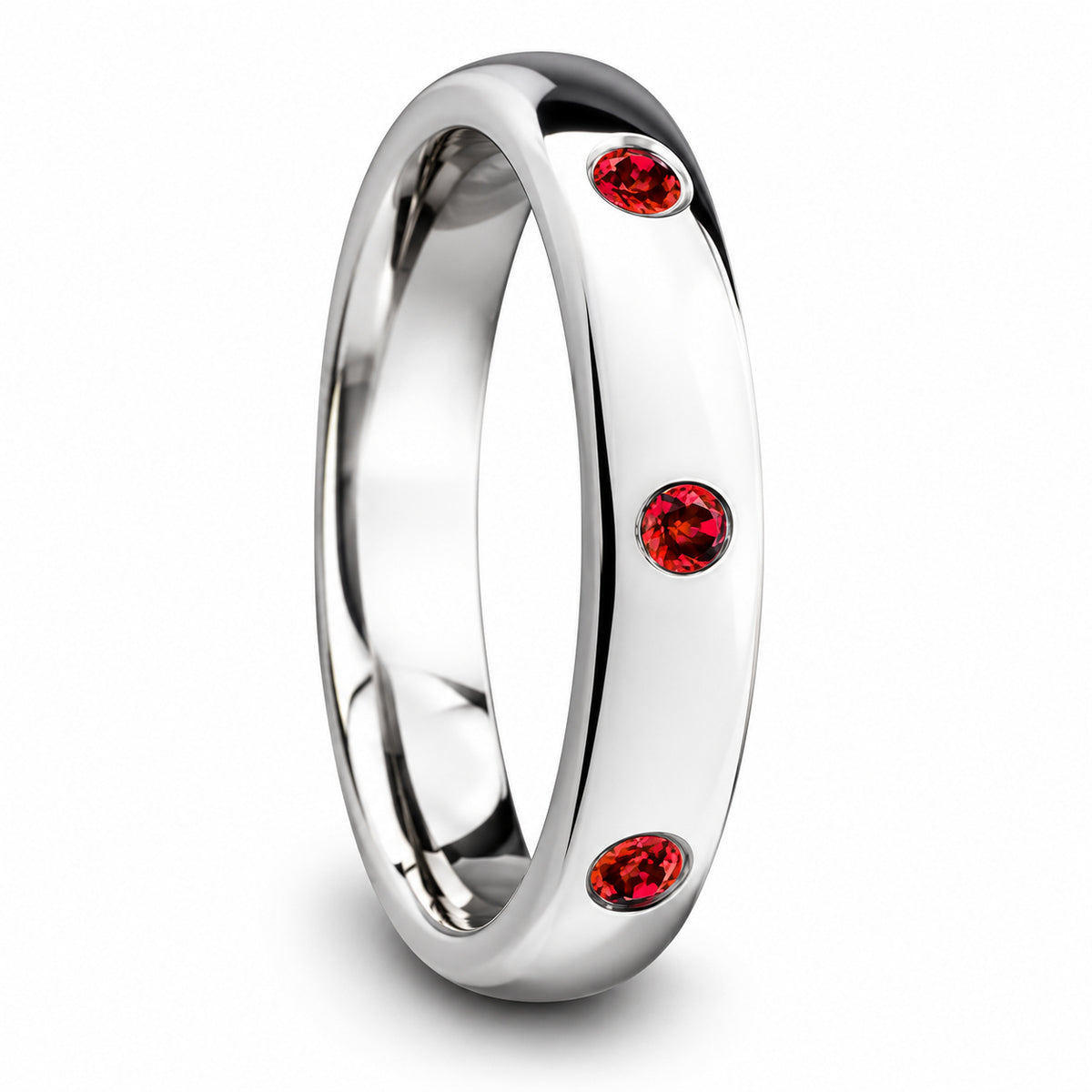 MAERA domed tungsten band with three red rubies, hero