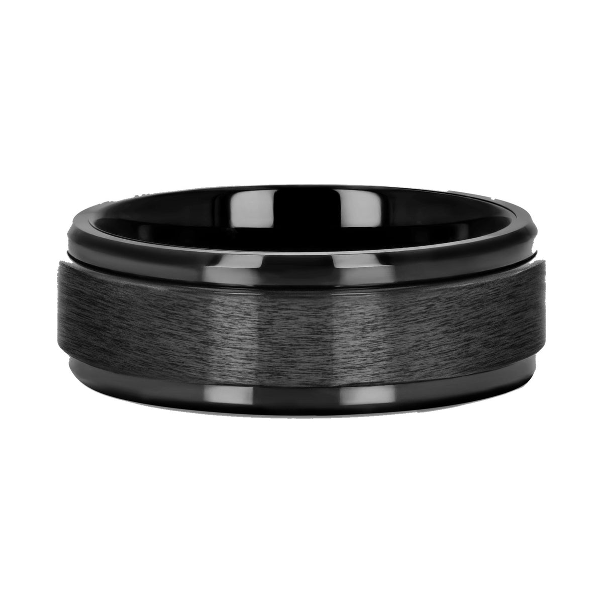 REVOLVE black tungsten spinner ring, brushed center band between polished stepped edges, front view