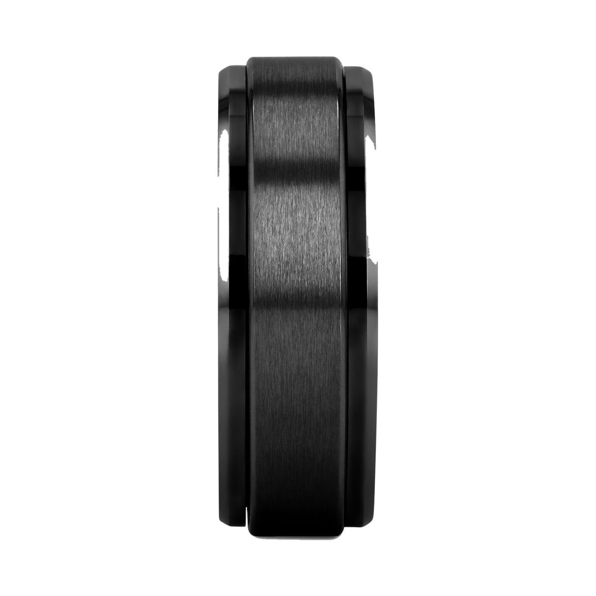REVOLVE black tungsten spinner ring, profile view showing the raised spinning center band