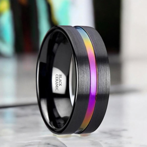 Black ceramic ring with brushed flat finish and vibrant rainbow groove, 4mm-8mm widths - Aydins Jewelry.