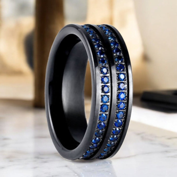 AZURON Black Tungsten Ring with Double Row Blue CZ Eternity - Aydins Jewelry.