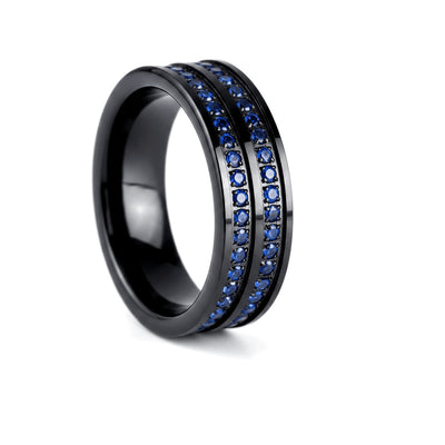 AZURON black tungsten ring with double row blue CZ eternity setting - front view