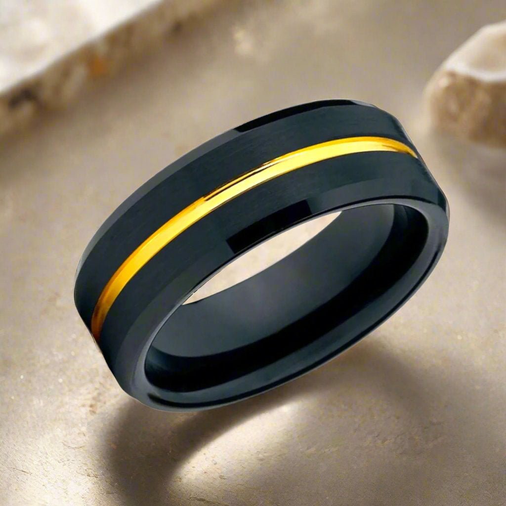 Black Tungsten Wedding Band with Gold Groove - Available in 6mm and 8mm Widths