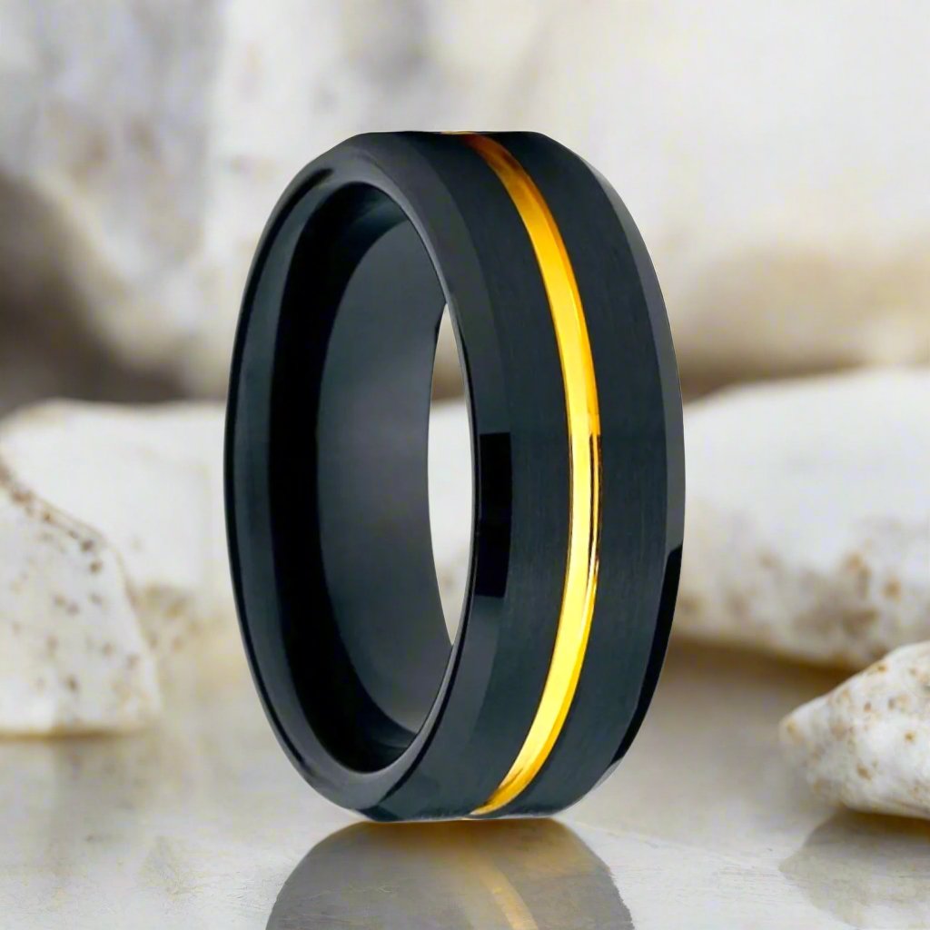 BAIR Black Tungsten Ring with Gold Plated Groove - Beveled Design by Aydins Jewelry