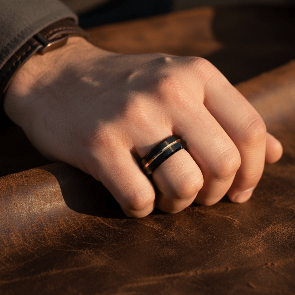 BAIR — Lifestyle photo on hand — men's tungsten wedding ring.