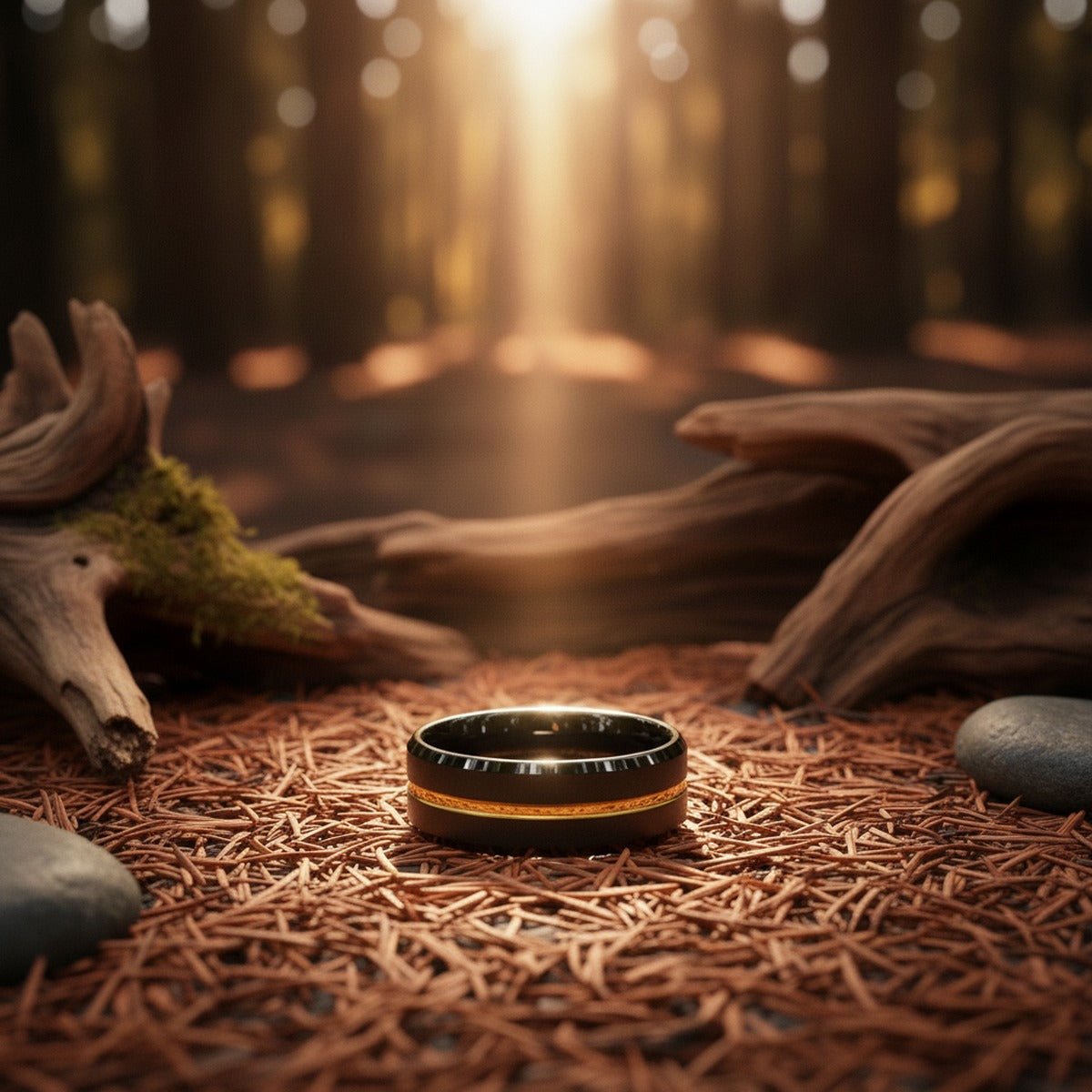 Aydins BAIR | Black Tungsten Yellow Groove Ring lifestyle scene, redwood floor