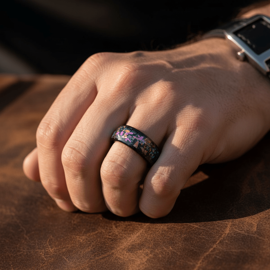 BALATON — Lifestyle photo on hand — men's tungsten wedding ring.