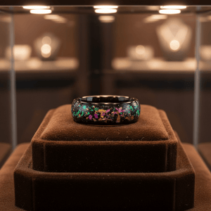 BALATON — Premium boutique display on velvet — men's tungsten wedding ring.