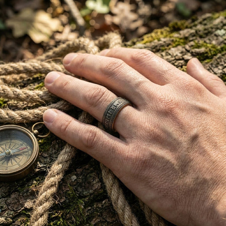 Aydins Jewelry Men’s tungsten wedding band with engraved runes and dark finish on a mans ring finger holding a rope 