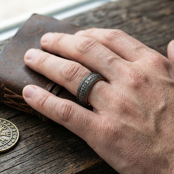 Aydins Jewelry Men’s tungsten wedding band with engraved runes and dark finish on a mans ring finger